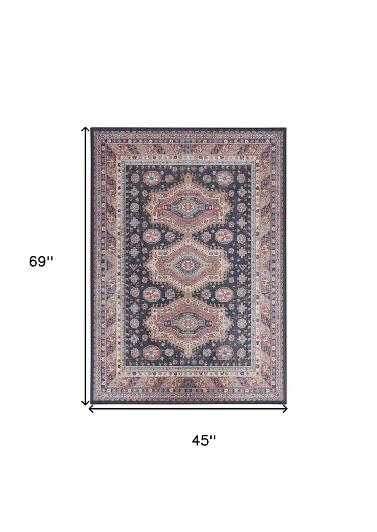 4' X 6' Navy Blue and Red Medallion Distressed Non Skid Area Rug