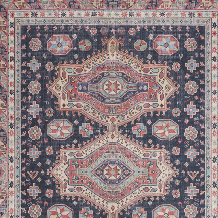 4' X 6' Navy Blue and Red Medallion Distressed Non Skid Area Rug