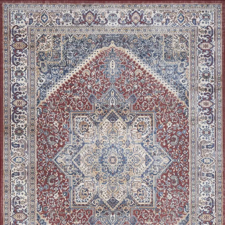 4' X 6' Blue and Red Floral Distressed Non Skid Area Rug
