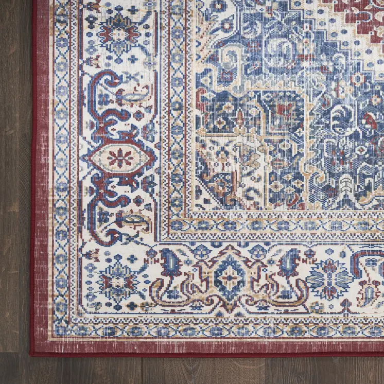 4' X 6' Blue and Red Floral Distressed Non Skid Area Rug