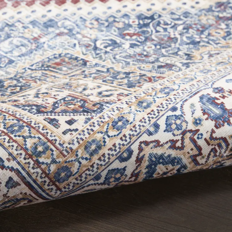 4' X 6' Blue and Red Floral Distressed Non Skid Area Rug