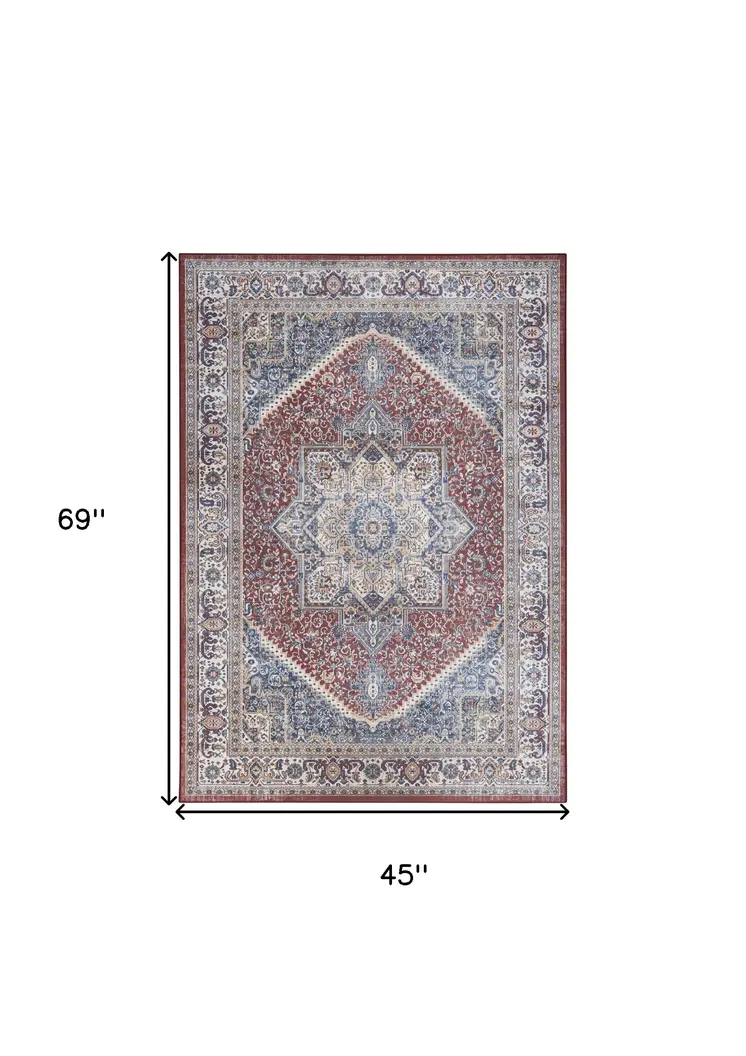 4' X 6' Blue and Red Floral Distressed Non Skid Area Rug