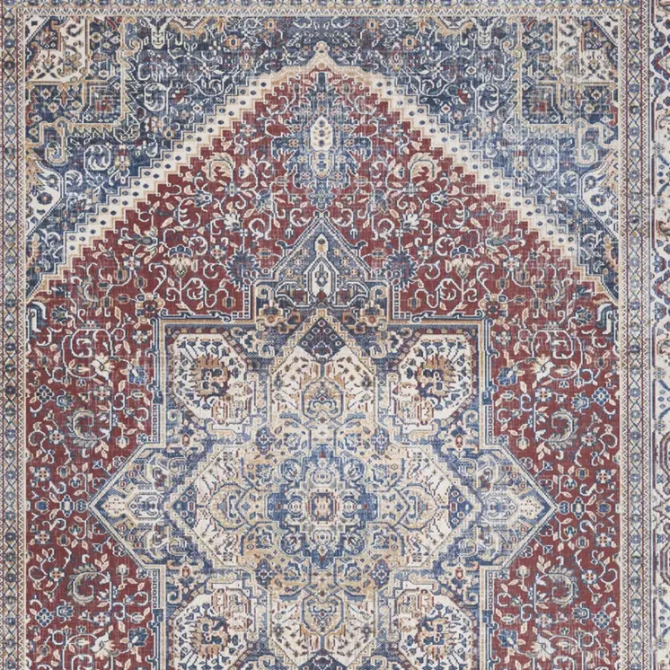 4' X 6' Blue and Red Floral Distressed Non Skid Area Rug