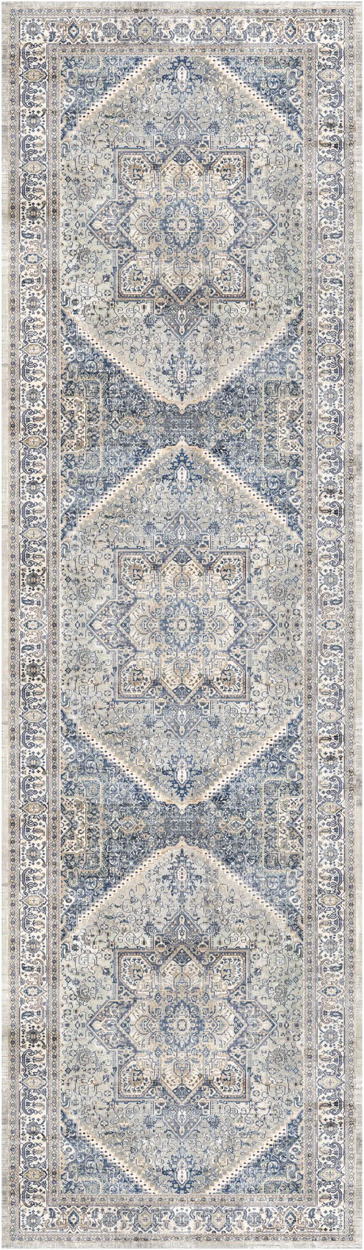 8' Blue and Beige Floral Distressed Non Skid Runner Rug