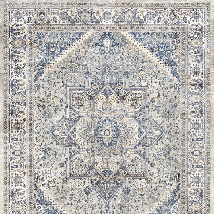 8' Blue and Beige Floral Distressed Non Skid Runner Rug