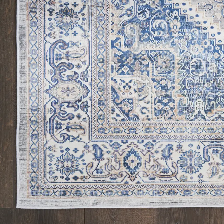8' Blue and Beige Floral Distressed Non Skid Runner Rug