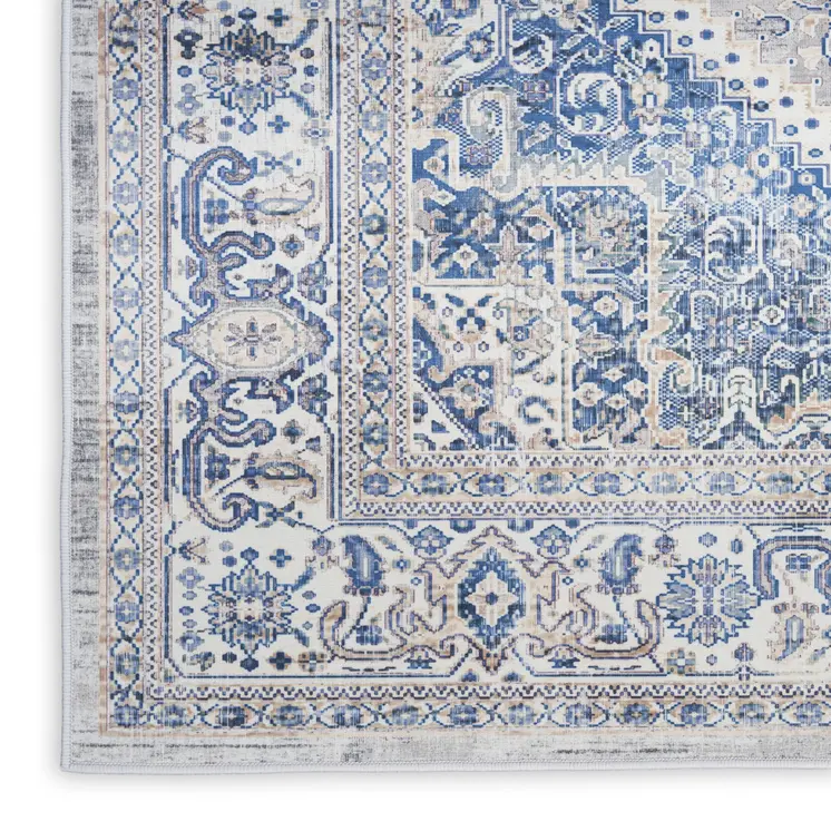 8' Blue and Beige Floral Distressed Non Skid Runner Rug