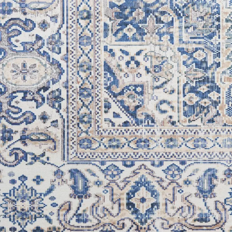 8' Blue and Beige Floral Distressed Non Skid Runner Rug