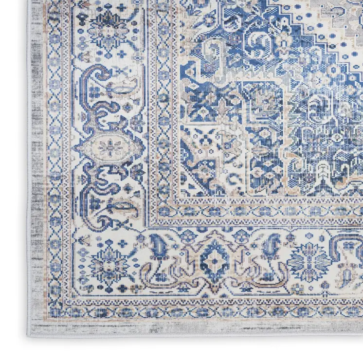 8' Blue and Beige Floral Distressed Non Skid Runner Rug