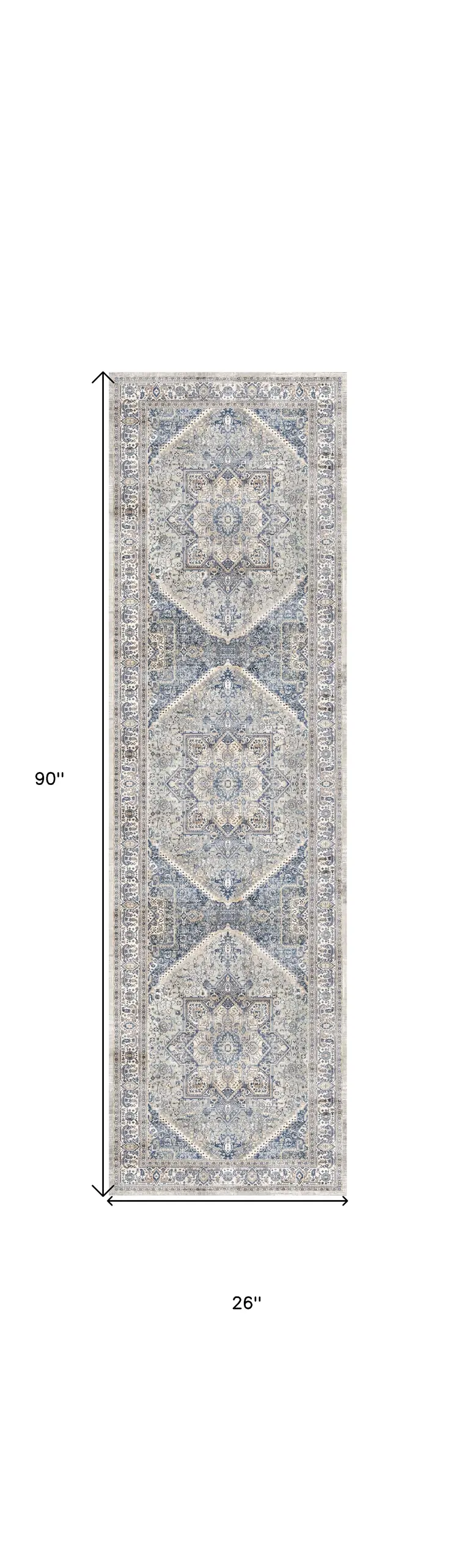 8' Blue and Beige Floral Distressed Non Skid Runner Rug