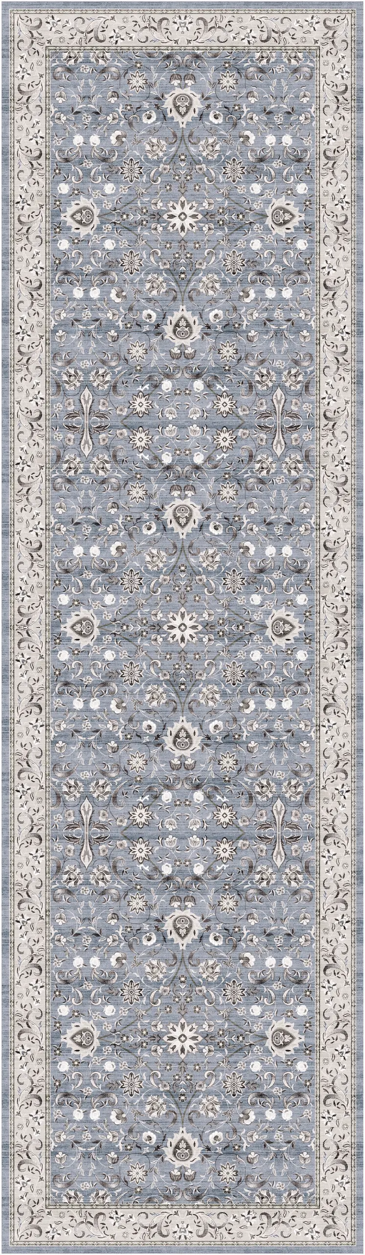 8' Beige and Blue Floral Distressed Non Skid Runner Rug