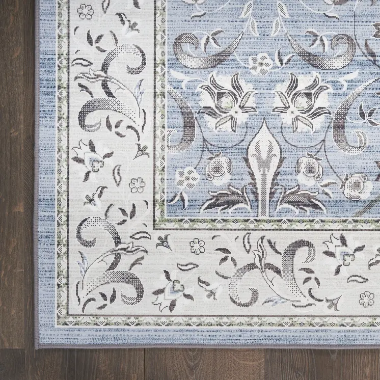 8' Beige and Blue Floral Distressed Non Skid Runner Rug