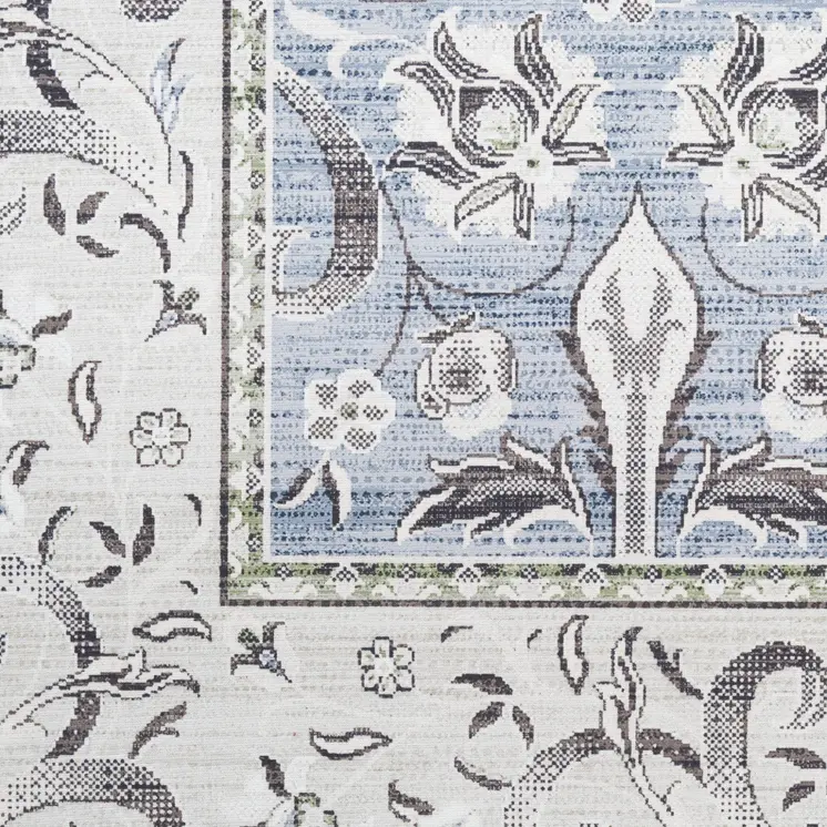 8' Beige and Blue Floral Distressed Non Skid Runner Rug