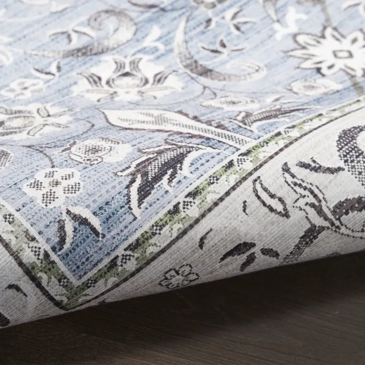 8' Beige and Blue Floral Distressed Non Skid Runner Rug