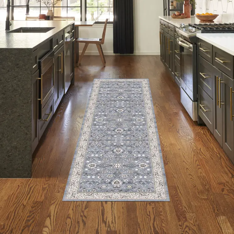 8' Beige and Blue Floral Distressed Non Skid Runner Rug