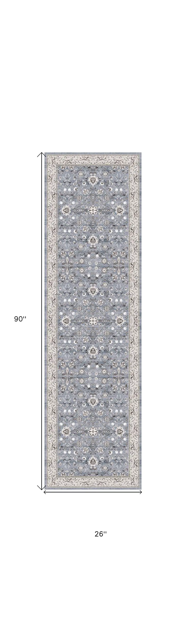 8' Beige and Blue Floral Distressed Non Skid Runner Rug