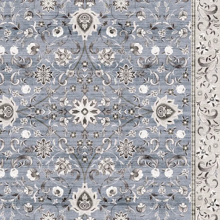 8' Beige and Blue Floral Distressed Non Skid Runner Rug