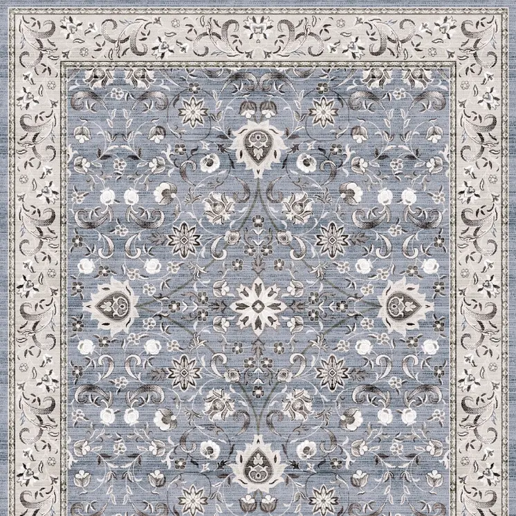 8' Beige and Blue Floral Distressed Non Skid Runner Rug