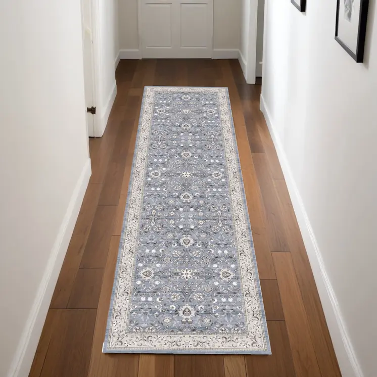 8' Beige and Blue Floral Distressed Non Skid Runner Rug