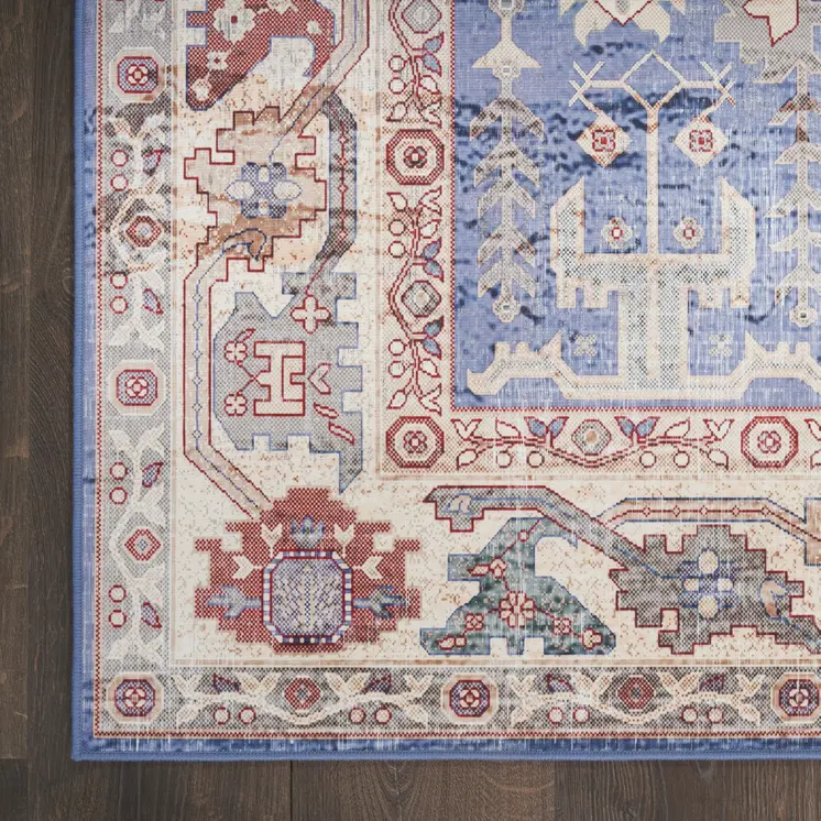 8' Beige Blue and Red Oriental Distressed Non Skid Runner Rug