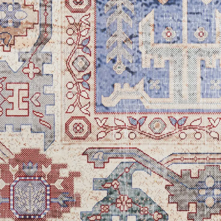 8' Beige Blue and Red Oriental Distressed Non Skid Runner Rug