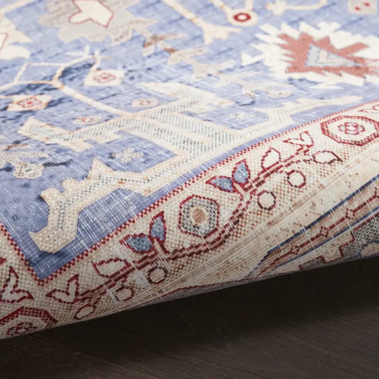 8' Beige Blue and Red Oriental Distressed Non Skid Runner Rug