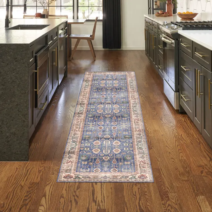 8' Beige Blue and Red Oriental Distressed Non Skid Runner Rug