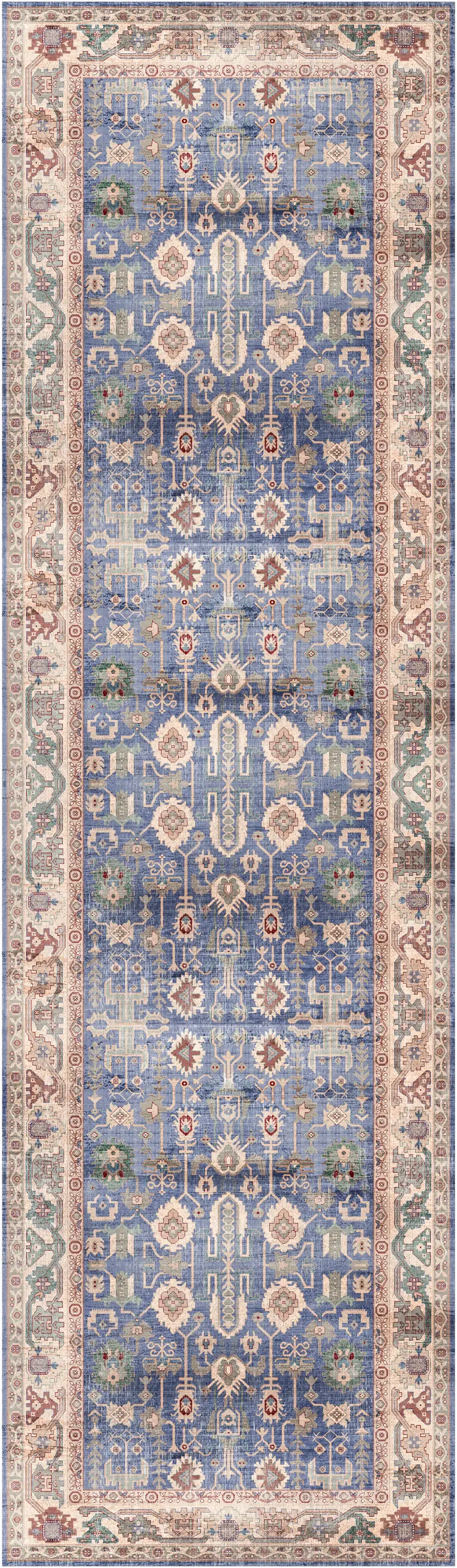8' Beige Blue and Red Oriental Distressed Non Skid Runner Rug