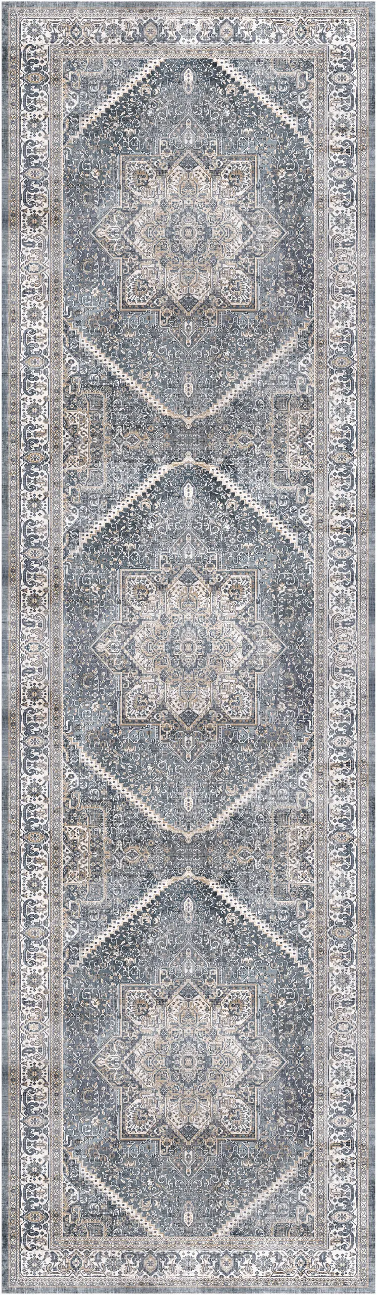 8' Blue and Ivory Floral Medallion Distressed Non Skid Runner Rug