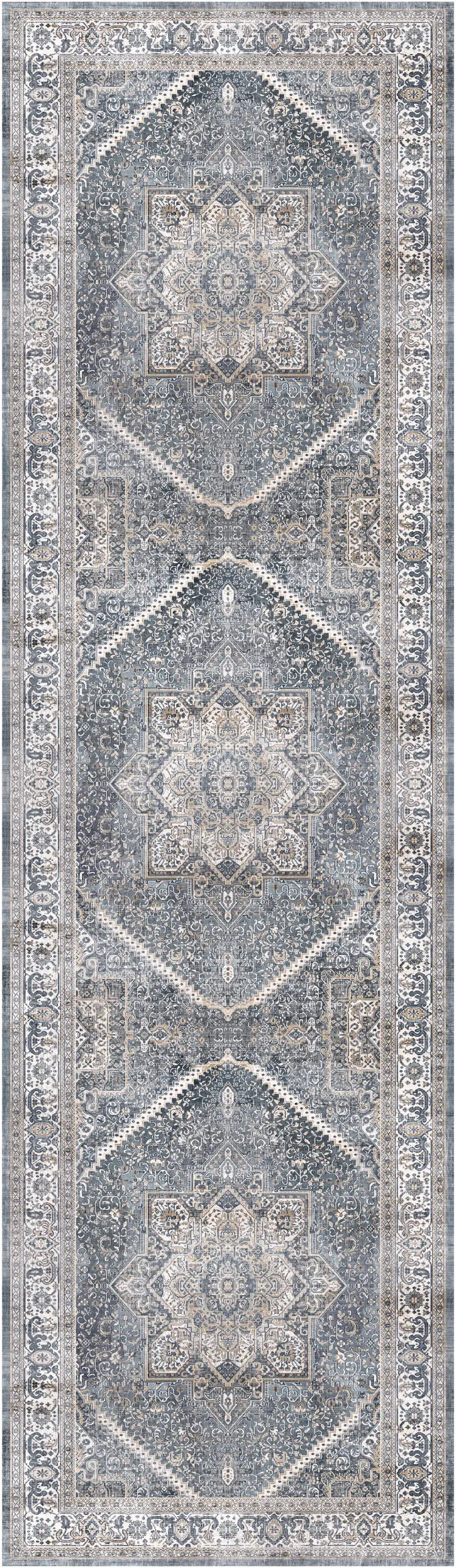 8' Blue and Ivory Floral Medallion Distressed Non Skid Runner Rug