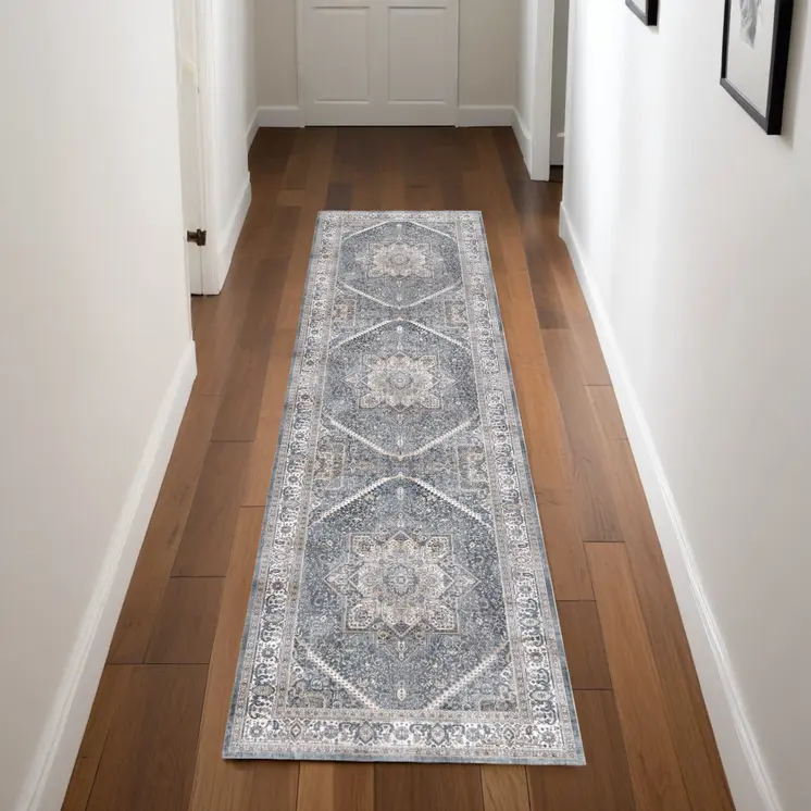 8' Blue and Ivory Floral Medallion Distressed Non Skid Runner Rug