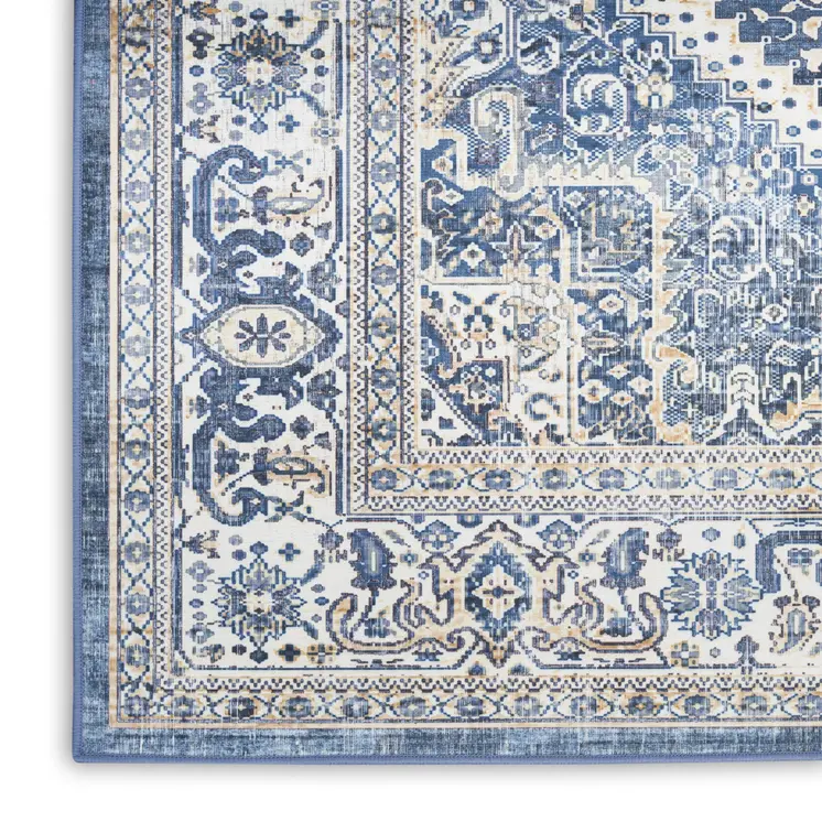 8' Blue and Ivory Floral Medallion Distressed Non Skid Runner Rug