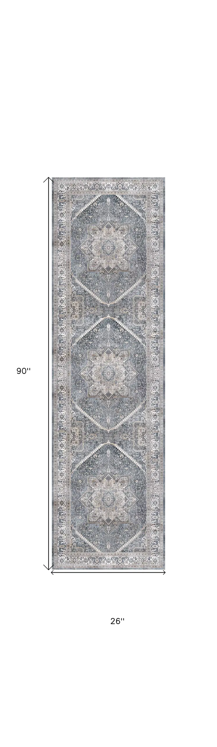 8' Blue and Ivory Floral Medallion Distressed Non Skid Runner Rug