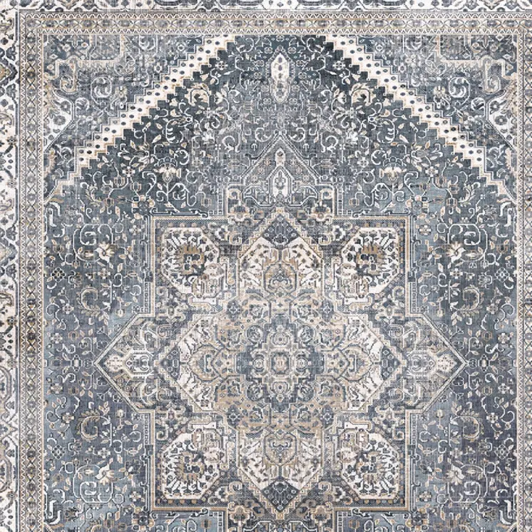 8' Blue and Ivory Floral Medallion Distressed Non Skid Runner Rug