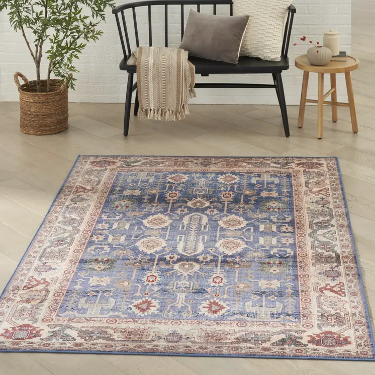5' X 7' Beige Blue and Red Oriental Distressed Non Skid Area Rug