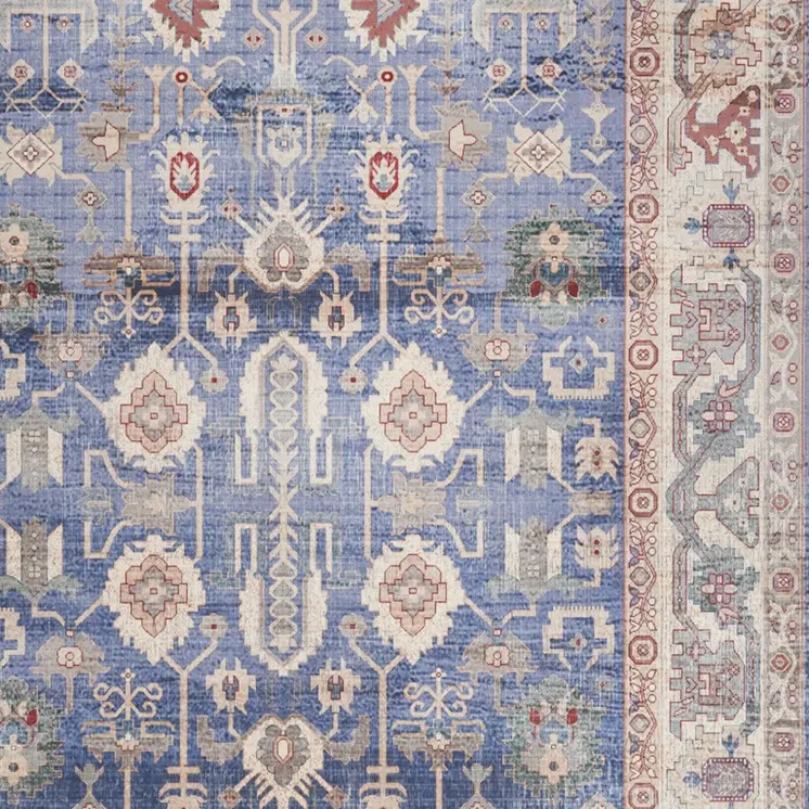 5' X 7' Beige Blue and Red Oriental Distressed Non Skid Area Rug