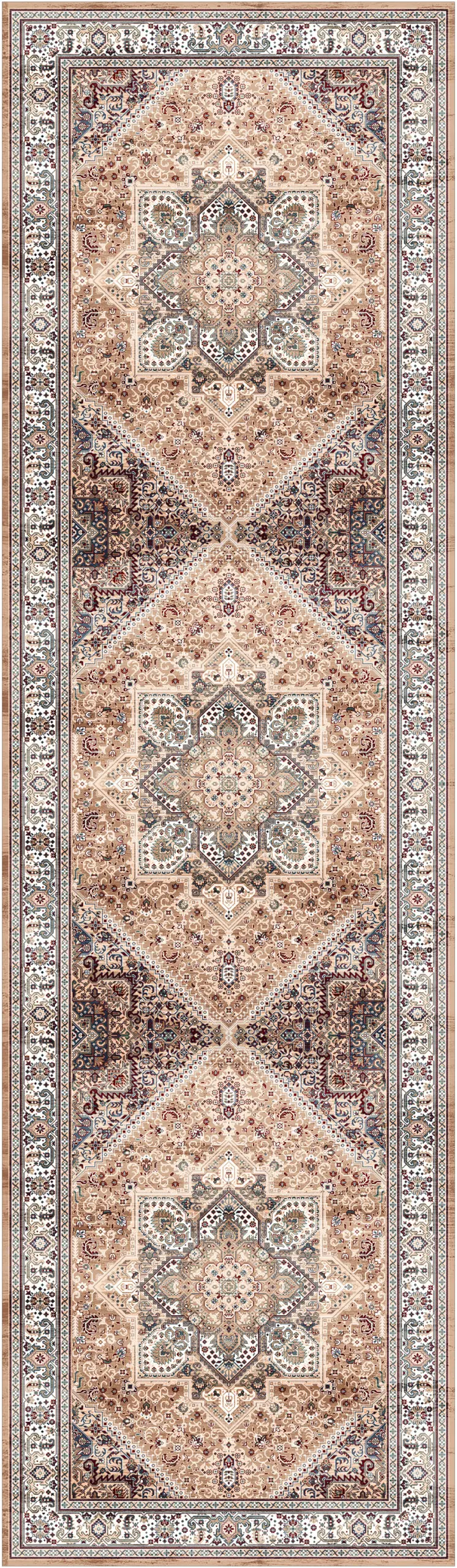 8' Beige Gold and Red Floral Medallion Distressed Non Skid Runner Rug