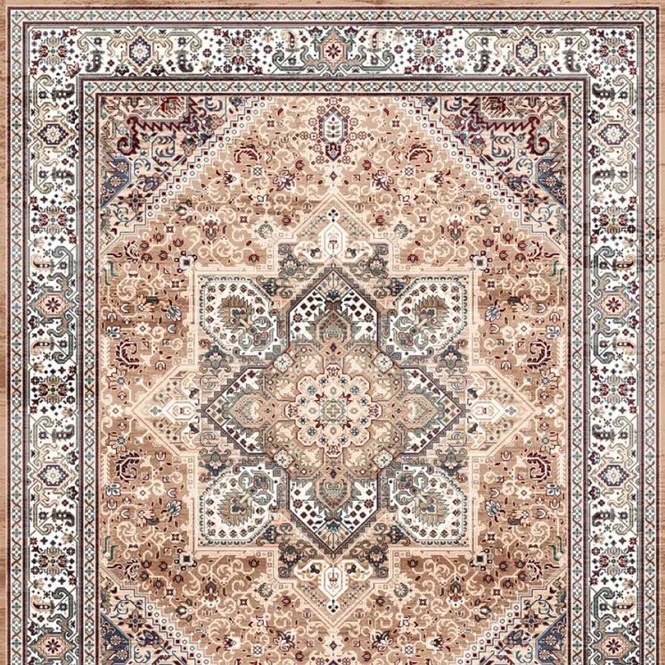 8' Beige Gold and Red Floral Medallion Distressed Non Skid Runner Rug