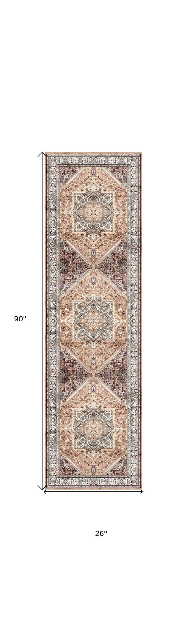8' Beige Gold and Red Floral Medallion Distressed Non Skid Runner Rug