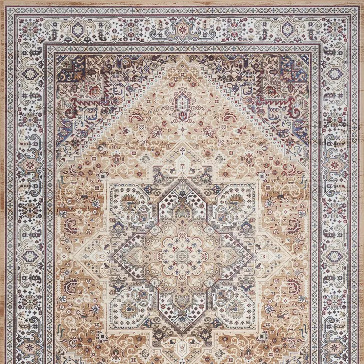 5' X 7' Beige Gold and Red Floral Medallion Distressed Non Skid Area Rug