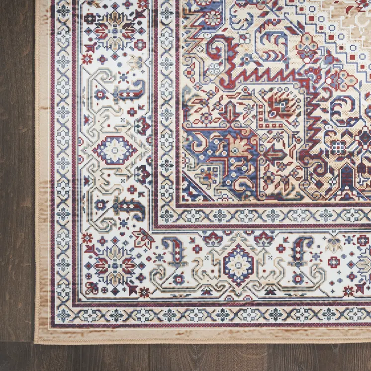 5' X 7' Beige Gold and Red Floral Medallion Distressed Non Skid Area Rug