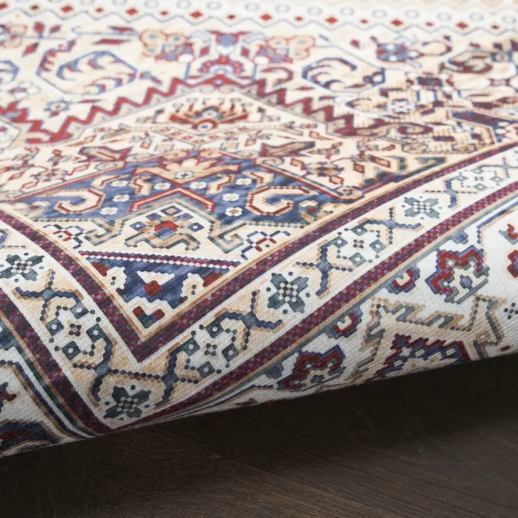 5' X 7' Beige Gold and Red Floral Medallion Distressed Non Skid Area Rug
