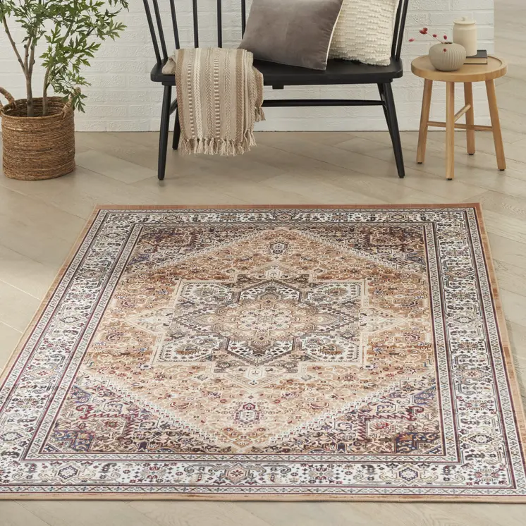 5' X 7' Beige Gold and Red Floral Medallion Distressed Non Skid Area Rug