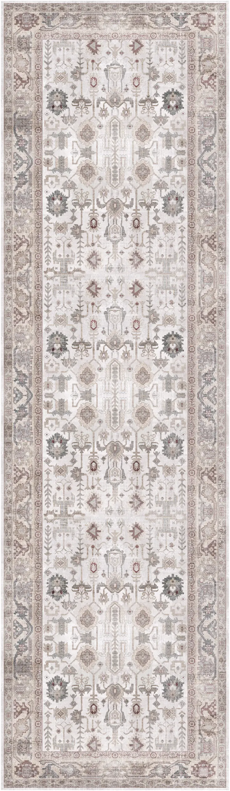 8' Ivory and Gray Tribal Distressed Non Skid Runner Rug