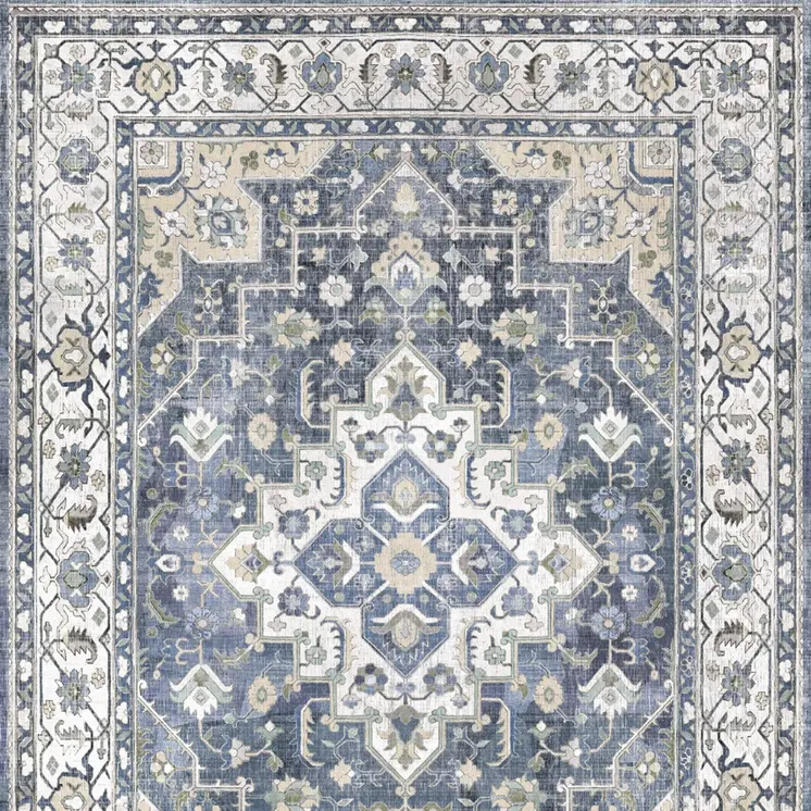 8' Blue and Ivory Floral Medallion Distressed Non Skid Runner Rug
