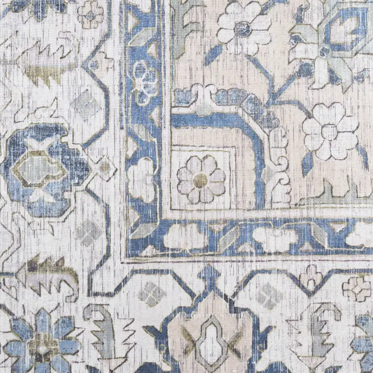 8' Blue and Ivory Floral Medallion Distressed Non Skid Runner Rug
