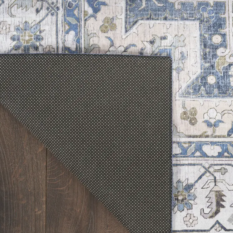 8' Blue and Ivory Floral Medallion Distressed Non Skid Runner Rug