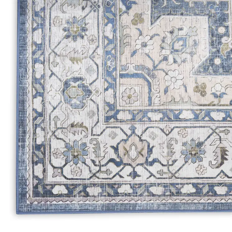 8' Blue and Ivory Floral Medallion Distressed Non Skid Runner Rug