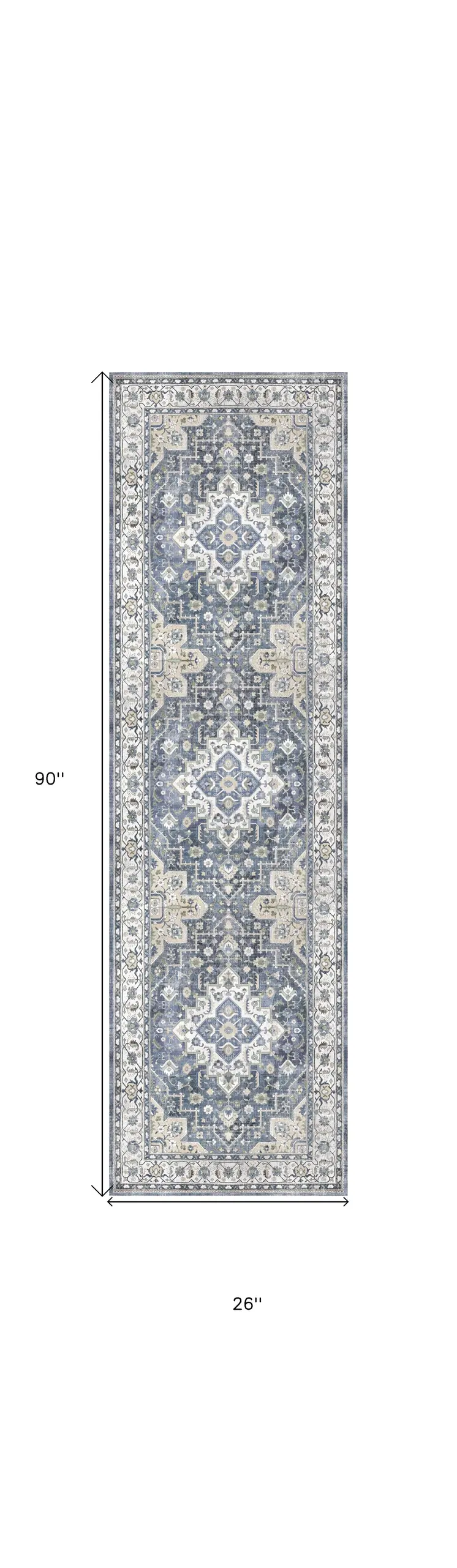 8' Blue and Ivory Floral Medallion Distressed Non Skid Runner Rug