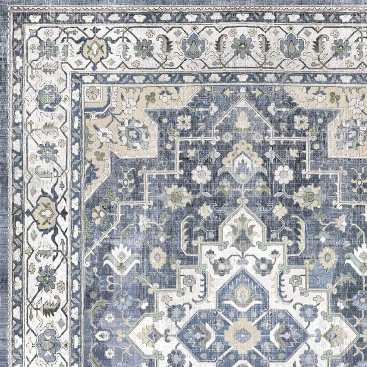 8' Blue and Ivory Floral Medallion Distressed Non Skid Runner Rug